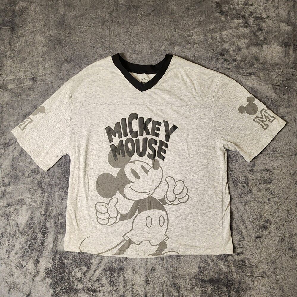 Disney Mickey Mouse Football Tee Womens Large 12-14 Heather Gray Black V-Neck